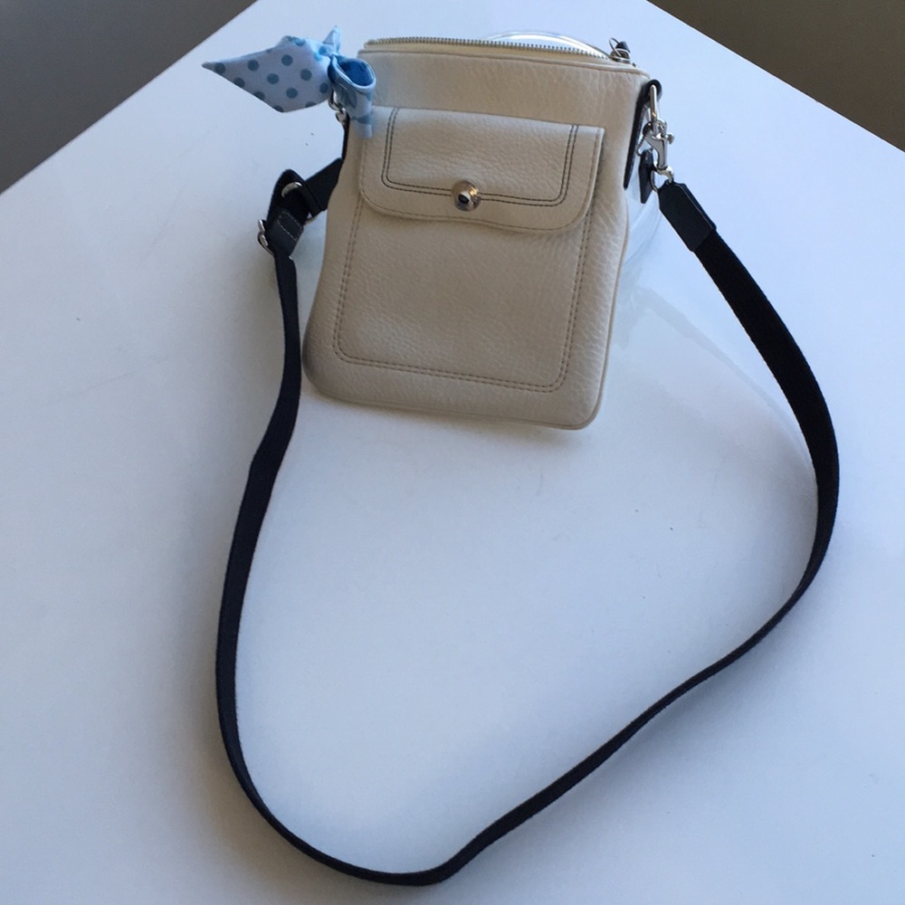 White Leather Coach Crossbody Purse with Blue Bow